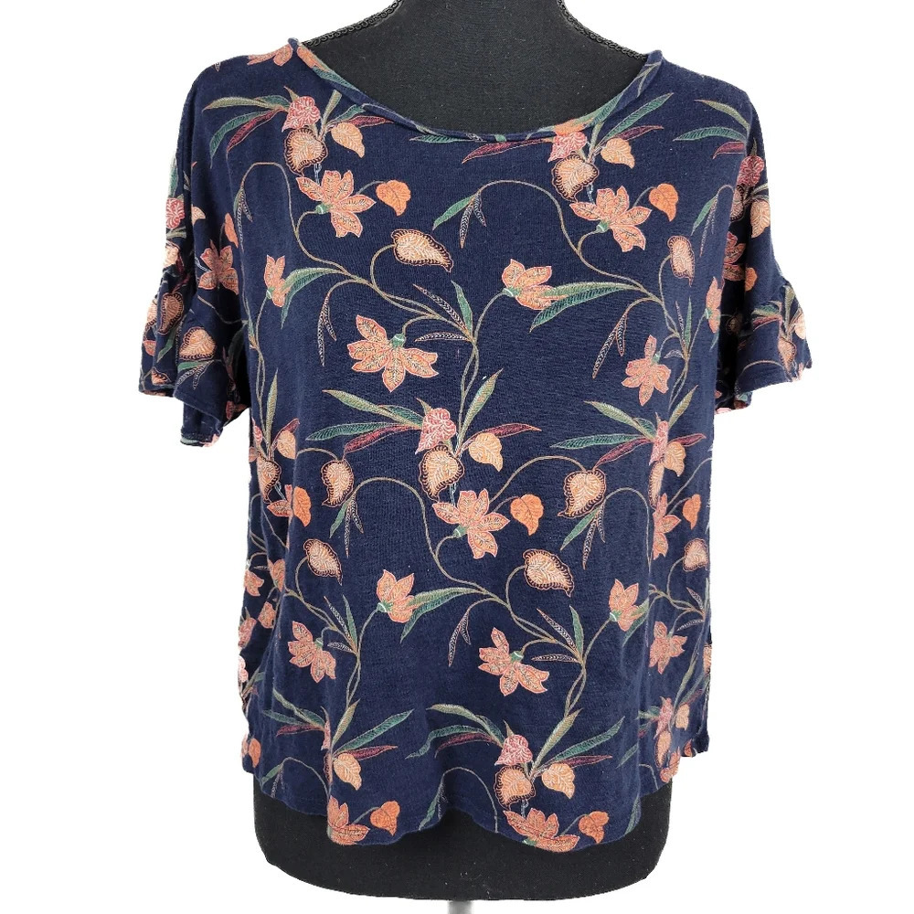 🔥 (5for$35) LOFT Floral Tee Short Ruffled Sleeve Crewneck Blue Floral Linen